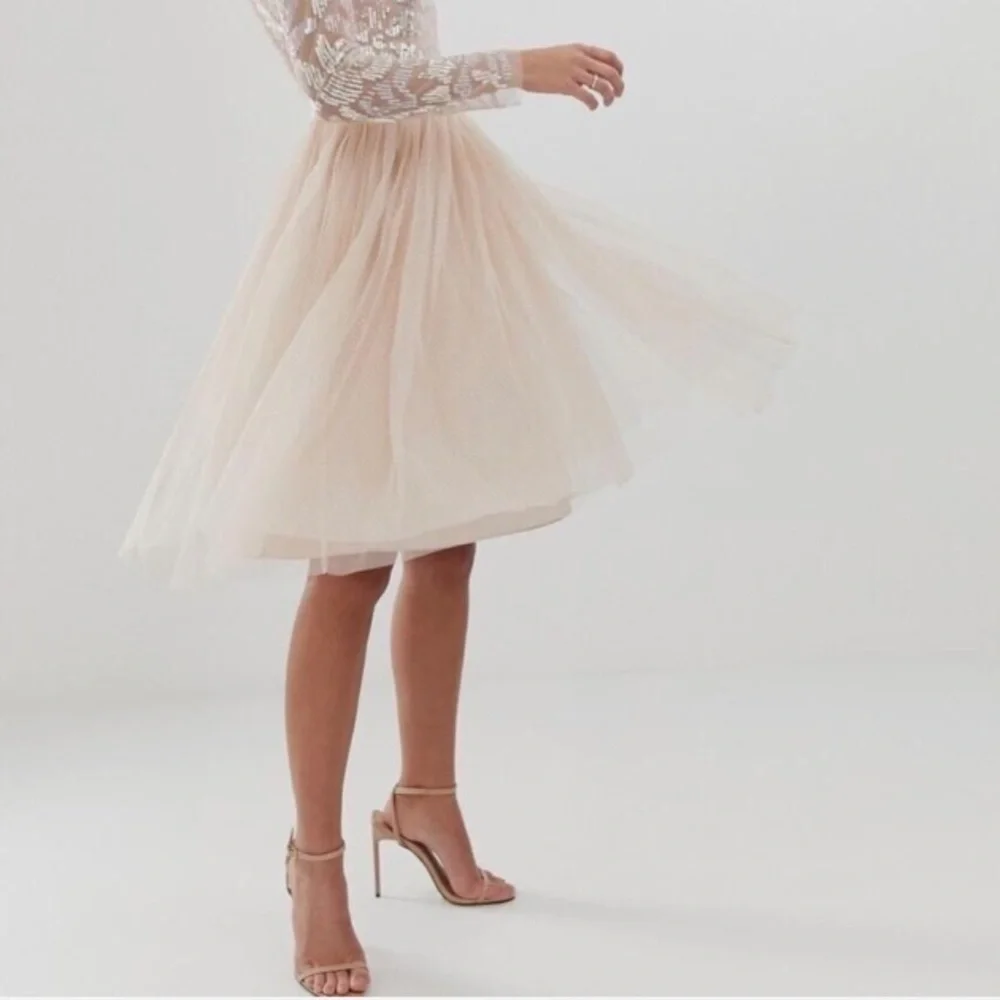 Needle & Thread Layered Tulle Midi Skirt in Ivory Cream Beige Size 6